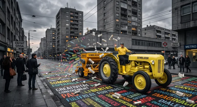 Dans un monde virtuel gris, un homme vêtu de jaune conduit un tracteur-semoir jaune qui sème des mots sur la rue