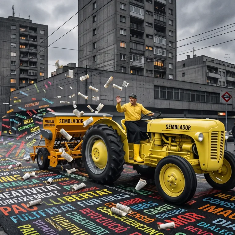 Dans un monde virtuel gris, un homme vêtu de jaune conduit un tracteur-semoir jaune qui sème des mots sur la rue