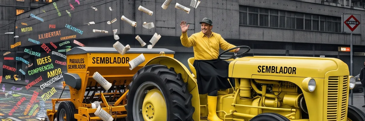 Dans un monde virtuel gris, un homme vêtu de jaune conduit un tracteur-semoir jaune qui sème des mots sur la rue